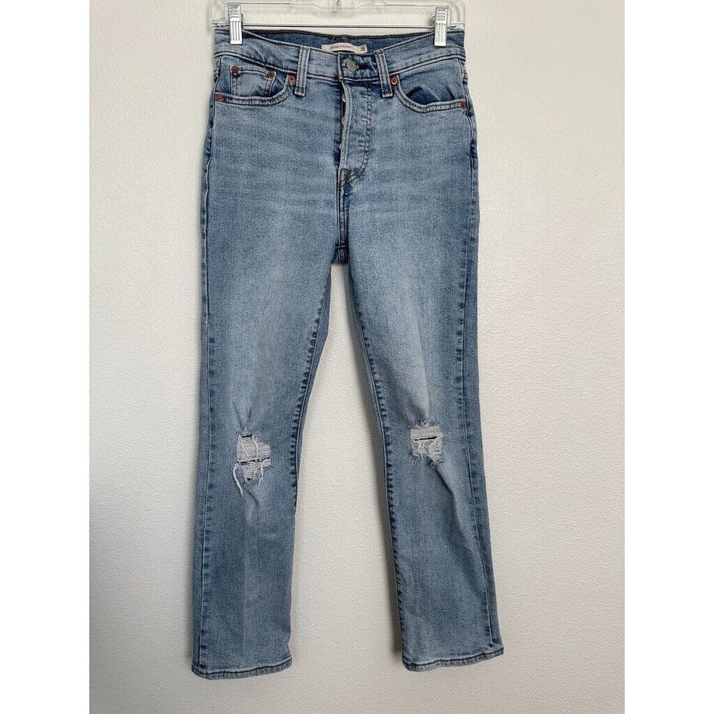 Levi's Wedgie Straight Jeans Button Fly Light Wash Distressed Women's 26 26x28